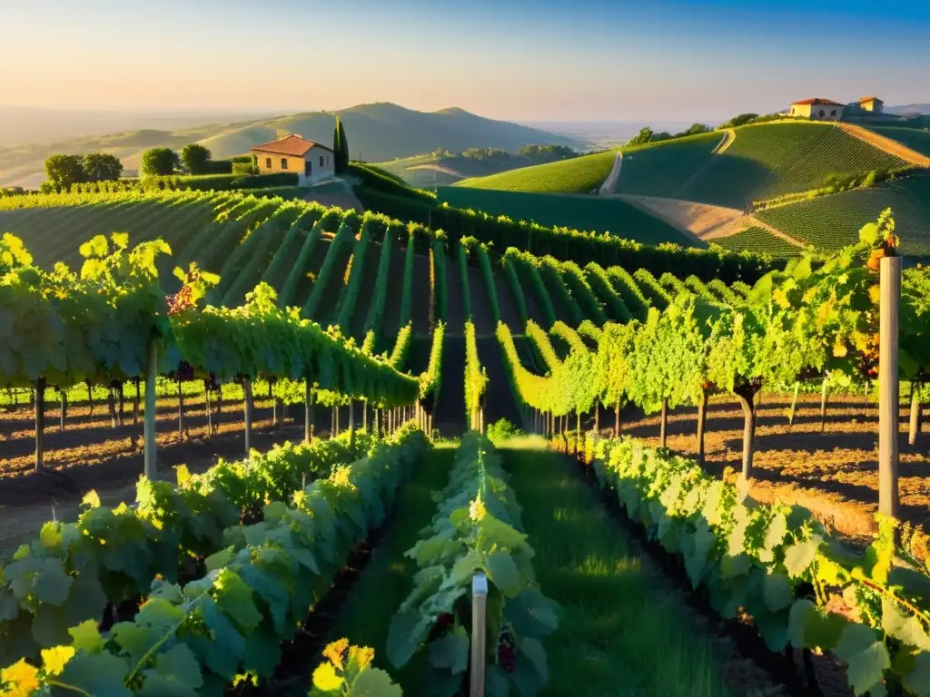 Influencia de las Indicaciones Geográficas: viñedo exuberante al atardecer, con uvas moradas y cálida luz dorada