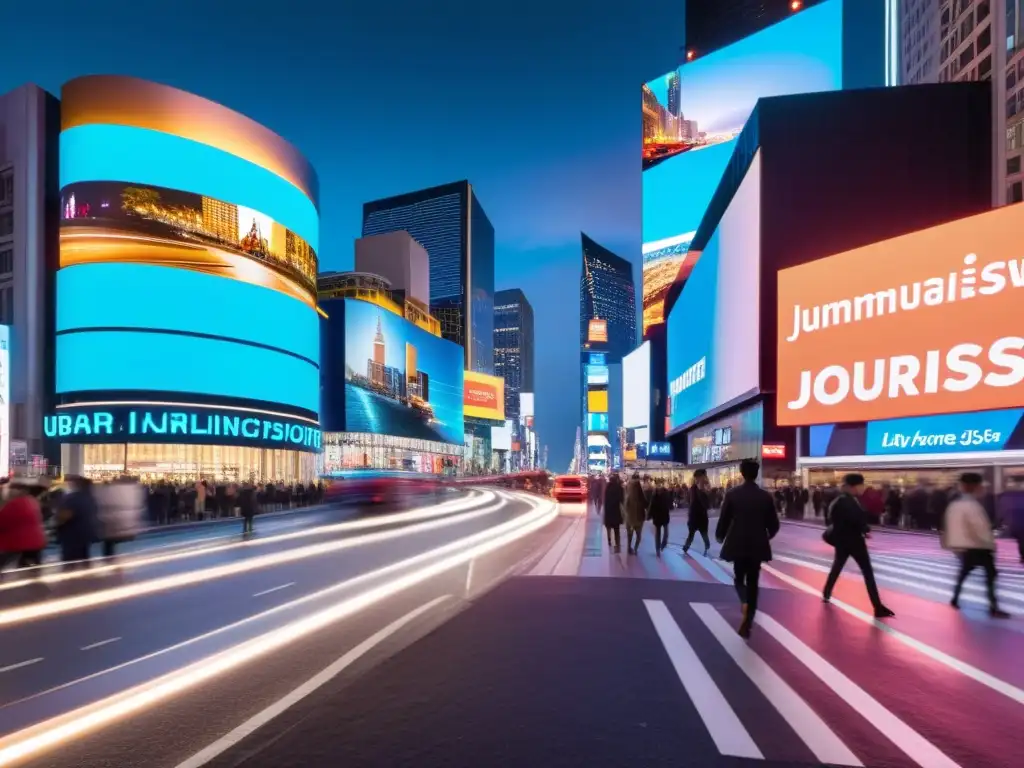 Influencia de leyes telecomunicaciones periodismo: Vibrante ciudad nocturna con luces de neón y bullicio urbano moderno