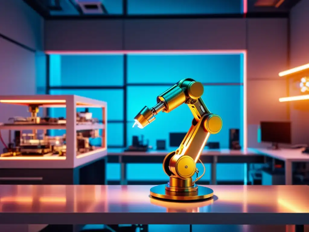 Infracción de propiedad intelectual en robótica: Brazo robótico ensamblando circuitos en laboratorio futurista con tecnología avanzada y neones vibrantes