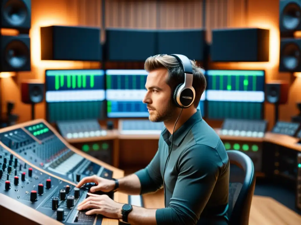 Un ingeniero de sonido ajusta niveles en un estudio moderno, rodeado de equipos de grabación