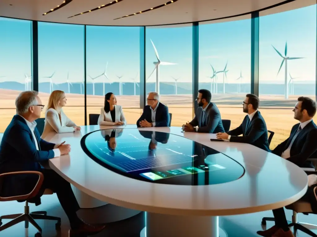 Ingenieros y abogados discuten patentes de energía renovable en una sala moderna con vista a un parque eólico