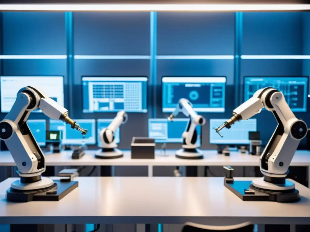 Ingenieros trabajan en avanzados brazos robóticos y sistemas de inteligencia artificial, rodeados de tecnología puntera