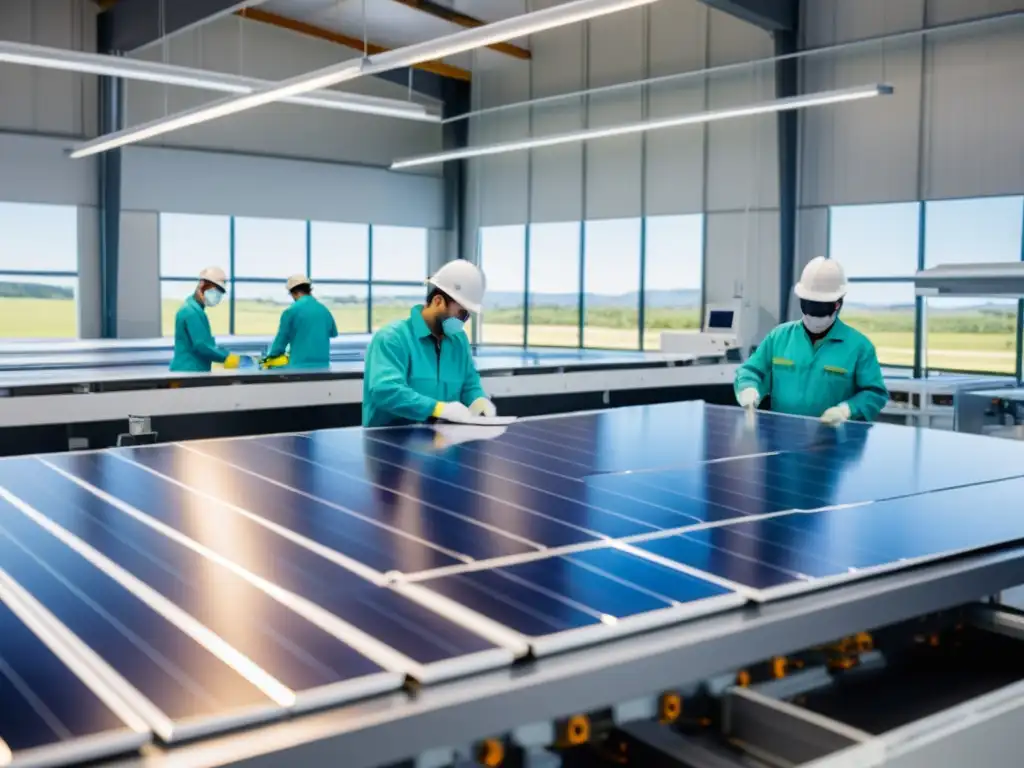 Ingenieros ensamblan tecnología solar avanzada en fábrica moderna, resaltando la importancia de patentes en tecnología solar