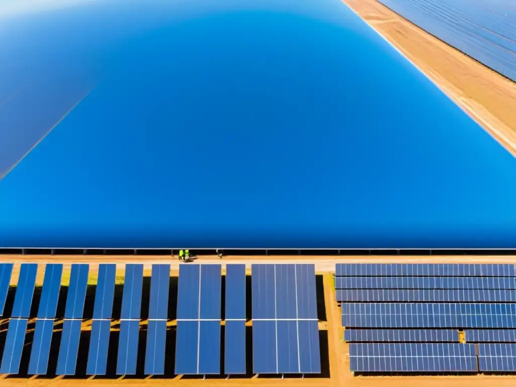 Un inmenso campo de energía solar con paneles relucientes bajo un cielo azul