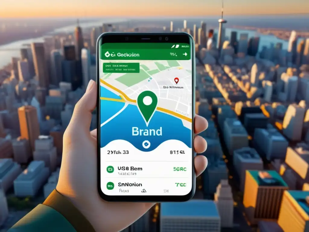 Innovaciones tecnológicas en geolocalización para marcas: smartphone moderno muestra mapa 3D con logo en ciudad futurista