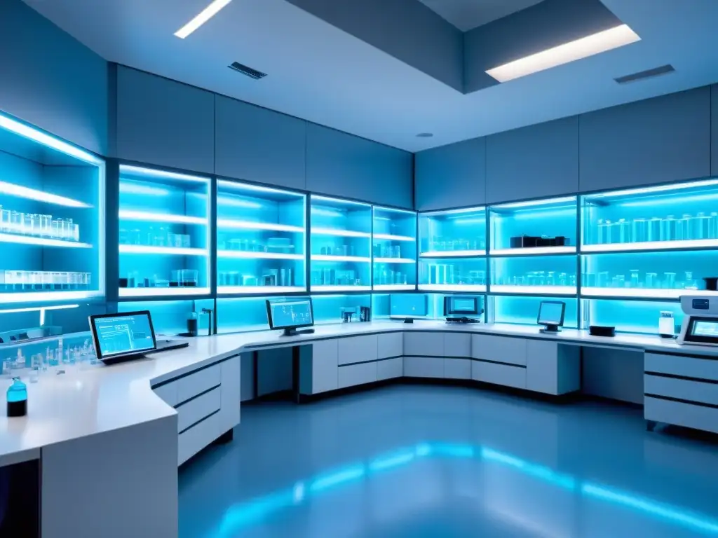 Lab innovador con científicos, pantallas de secuencias genéticas y robots