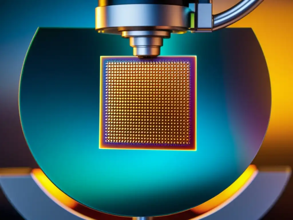 Inspección de alta tecnología de una oblea de semiconductor, revelando intrincados patrones y detalles a nanoescala