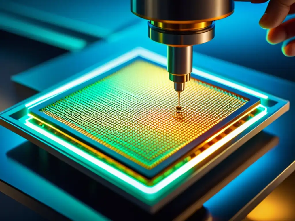 Inspección detallada de un wafer de semiconductor bajo microscopio, revelando patrones y componentes minúsculos