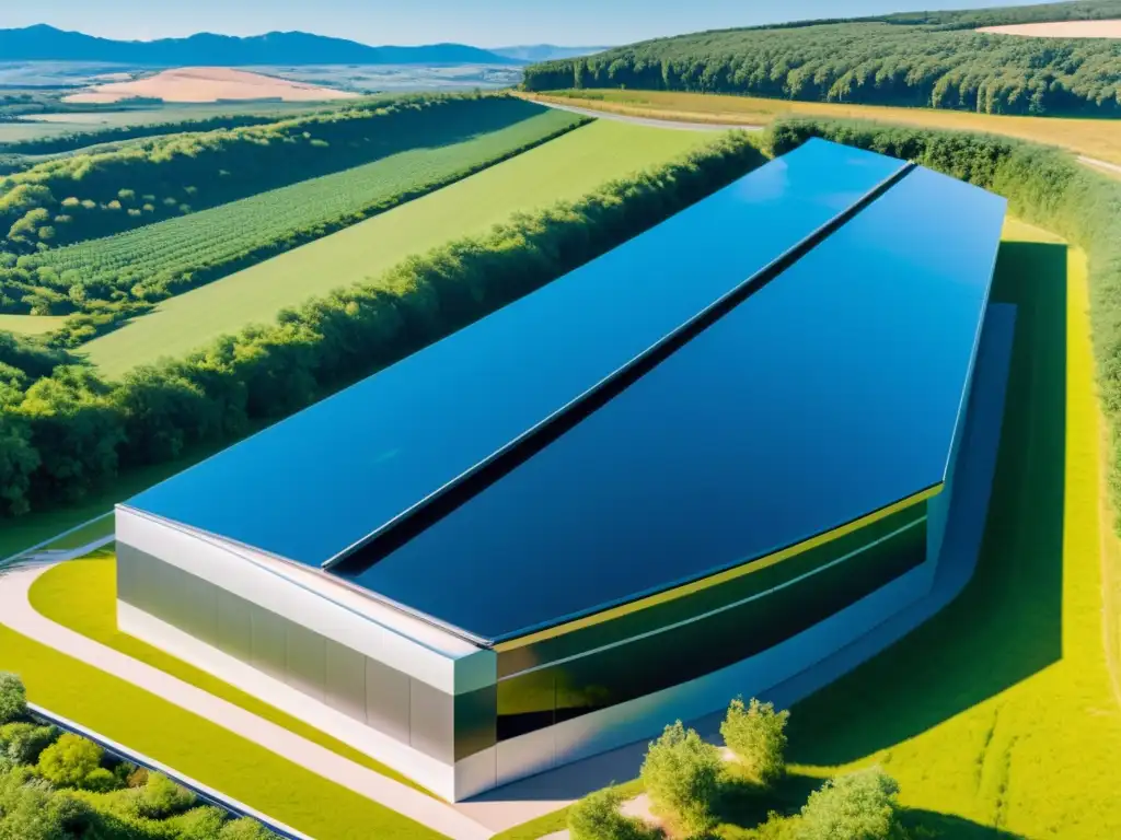 Instalación de almacenamiento de energía renovable con paneles solares brillantes y moderna arquitectura integrada en la naturaleza