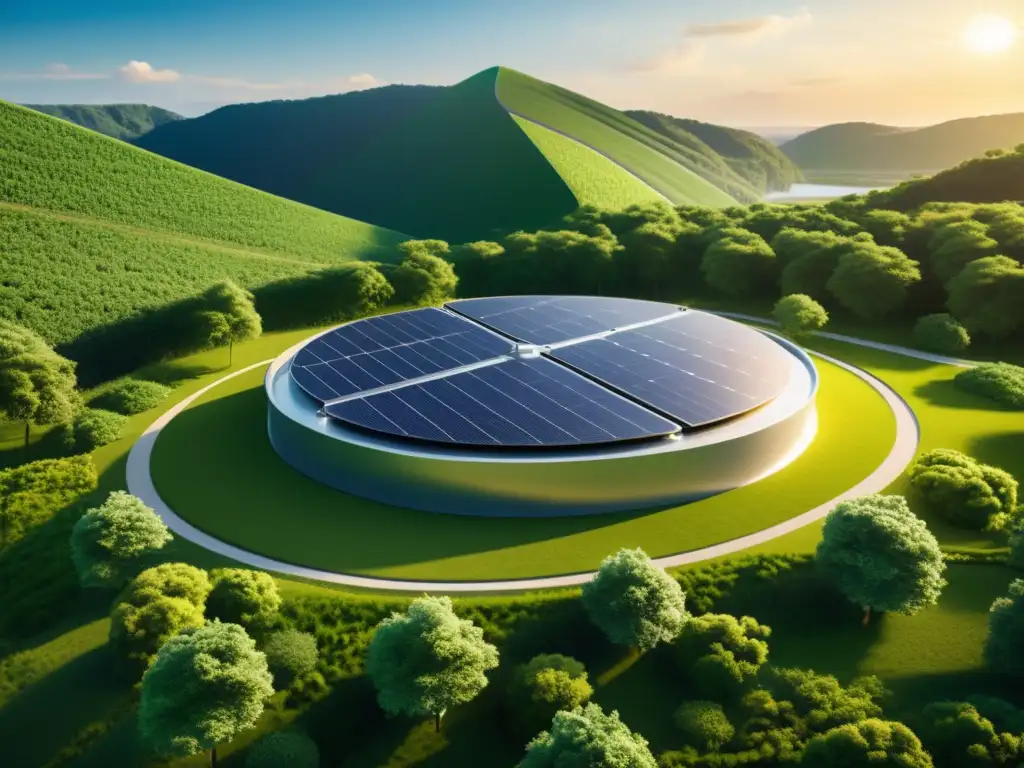 Instalación de almacenamiento de energía renovable futurista con tecnología avanzada de baterías y paneles solares integrados en la arquitectura, en medio de exuberante vegetación