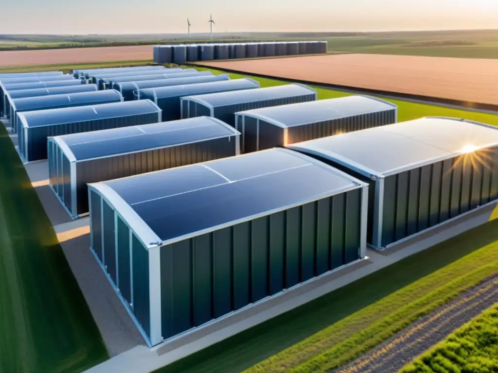 Una instalación de almacenamiento de energía renovable de vanguardia, con baterías futuristas interconectadas y fuentes de energía limpia