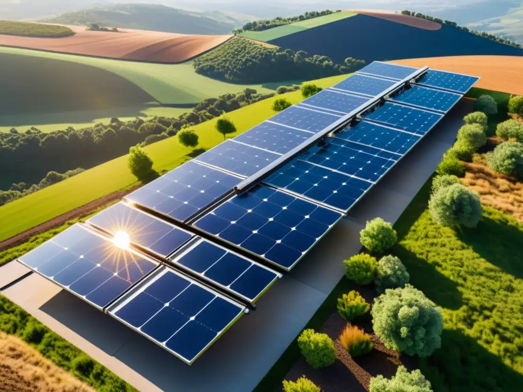 Una instalación futurista de paneles solares sostenibles en un paisaje vibrante y soleado