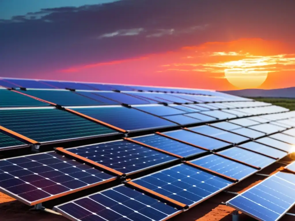 Instalación solar al atardecer: innovación verde en acción Instalación de paneles solares al atardecer, reflejando la innovación de patentes verdes para transición energética
