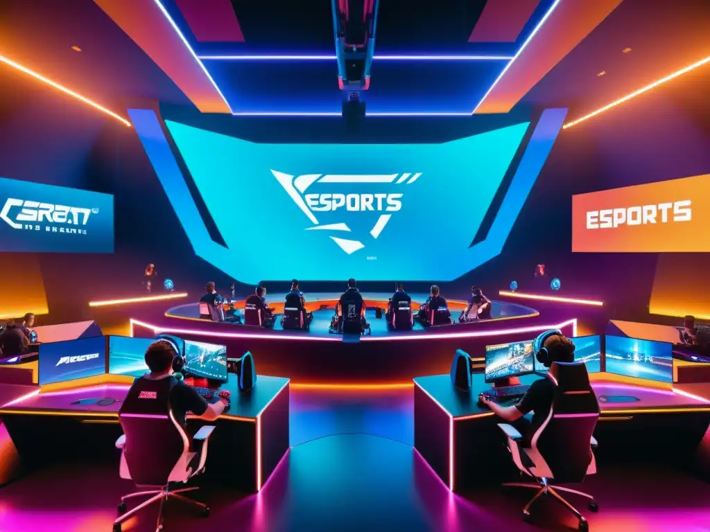 Intensa competencia de eSports en una arena futurista, con vibrantes gráficos y tecnología de vanguardia