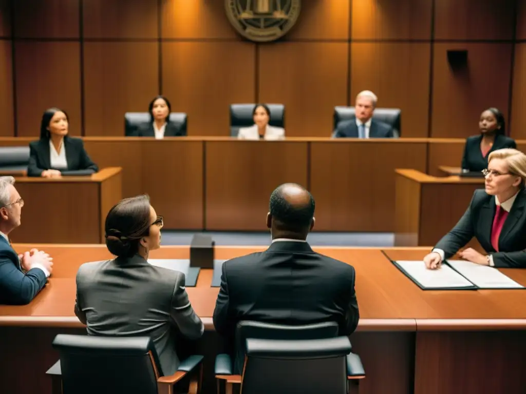 Intensa escena en la sala del tribunal, abogados argumentan casos ante el juez, jurado atento