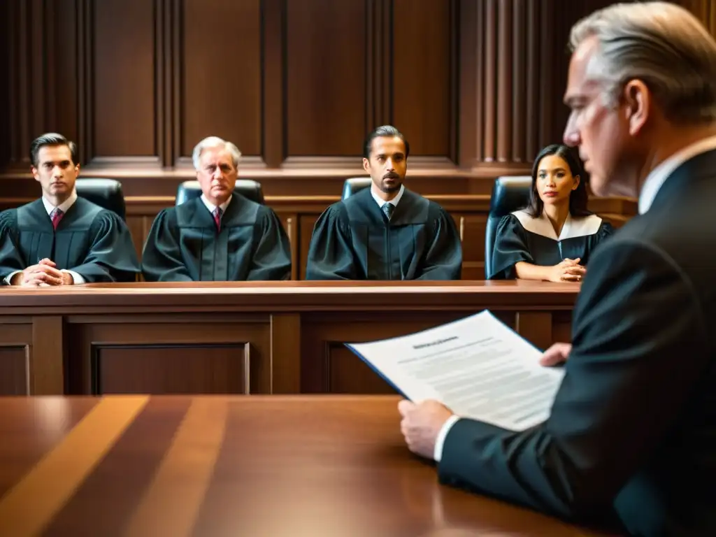 Intensa escena de un tribunal con abogados, jueces y clientes, en medio de litigios famosos derecho de autor
