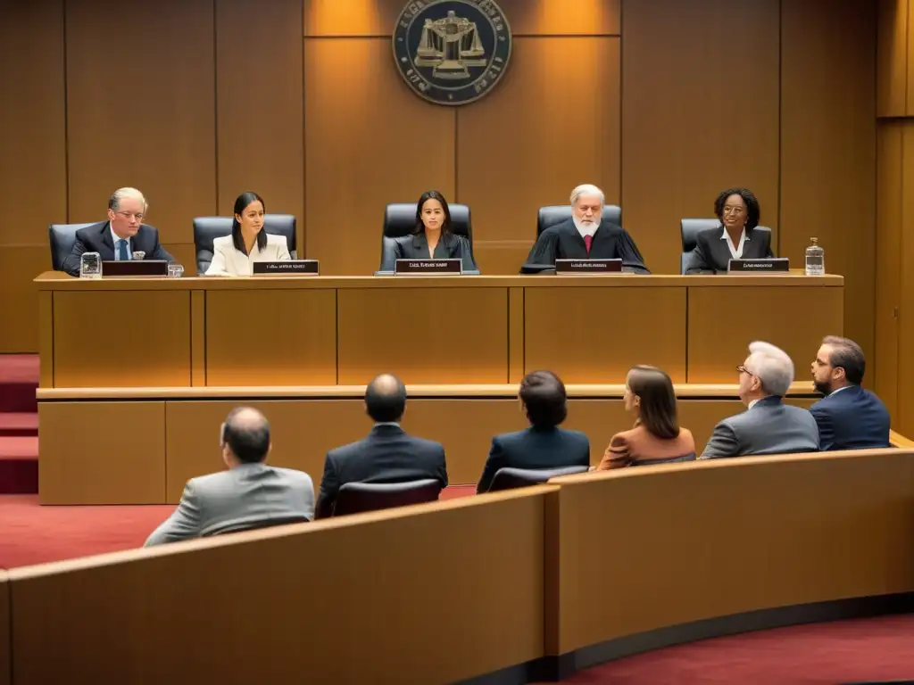 Intensa escena de tribunal con abogados discutiendo apasionadamente, juez presidiendo el juicio y jurado atento
