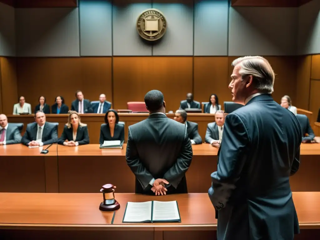 Intensa escena de tribunal con abogados discutiendo apasionadamente frente a un juez, mientras el jurado observa