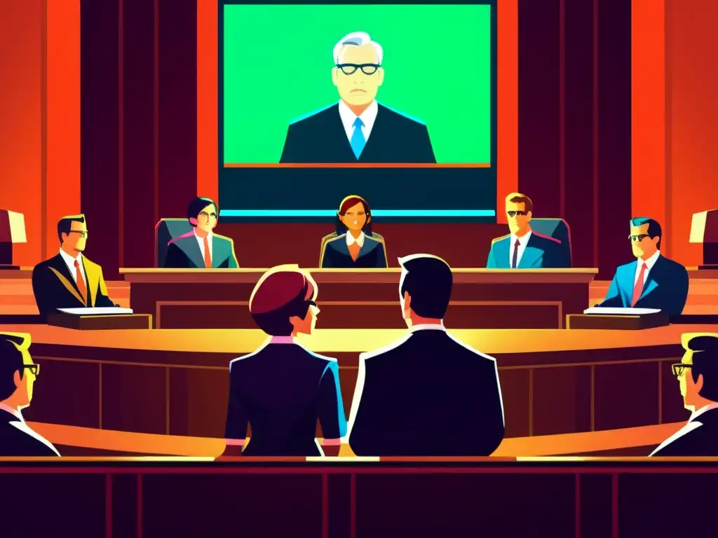 Intensa escena en tribunal: abogados debaten apasionadamente, juez preside y en pantalla, personaje de videojuego modificado