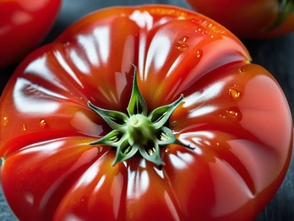 Tomate GMO de intenso color rojo rodeado de equipo científico, resaltando la propiedad intelectual en alimentos GMO