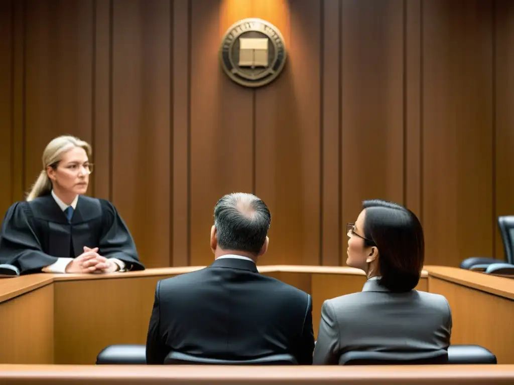 Intenso litigio en moderno tribunal, abogados discuten casos