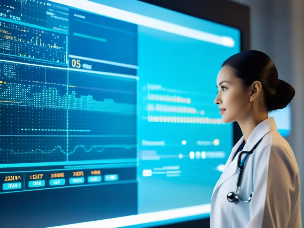 Un interface médico futurista muestra monitoreo en tiempo real, consultas virtuales y encriptación segura, con colores profesionales y vibrantes