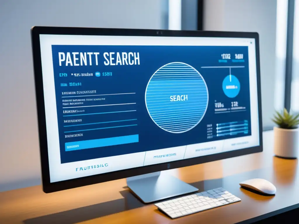 Una interfaz de búsqueda de patentes de software futurista y moderna en tonos azules y blancos, con gráficos interactivos y funciones avanzadas