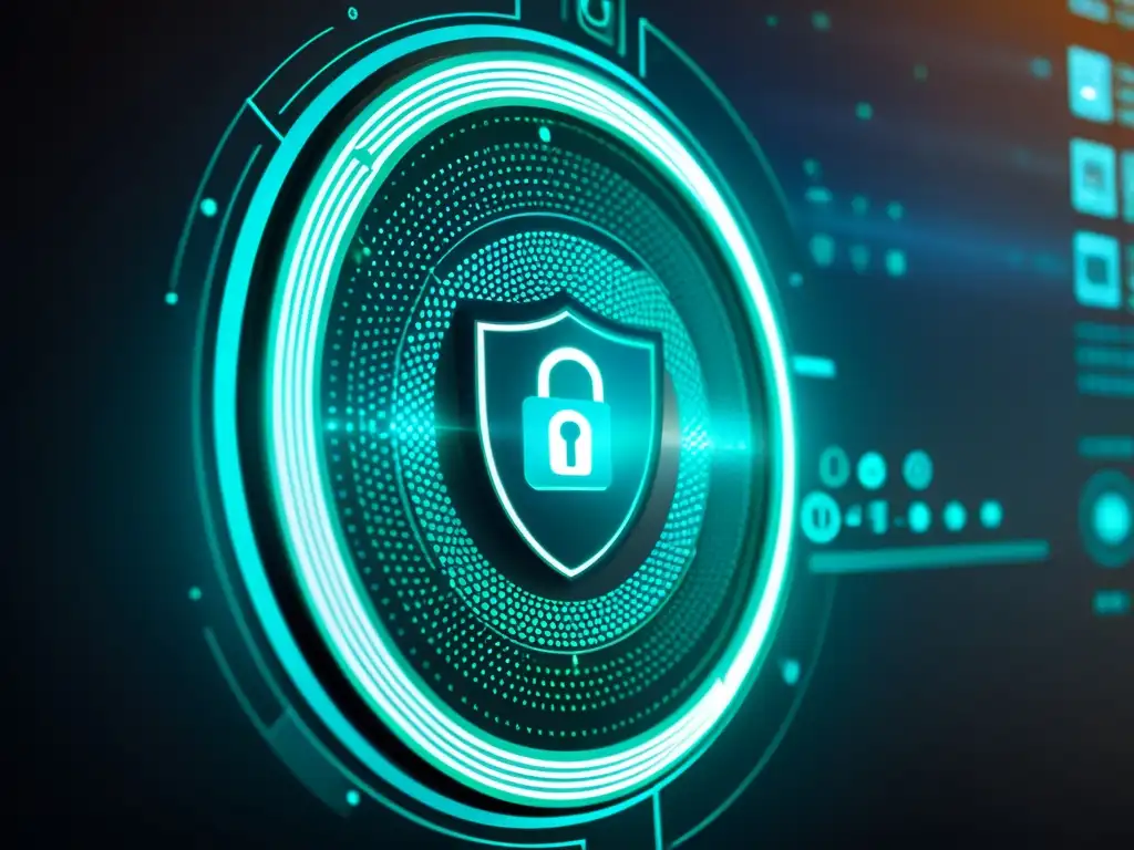 Una interfaz de ciberseguridad en comercio electrónico futurista y moderna con gráficos digitales intrincados y elementos luminosos, simbolizando medidas de seguridad avanzadas para proteger plataformas de comercio