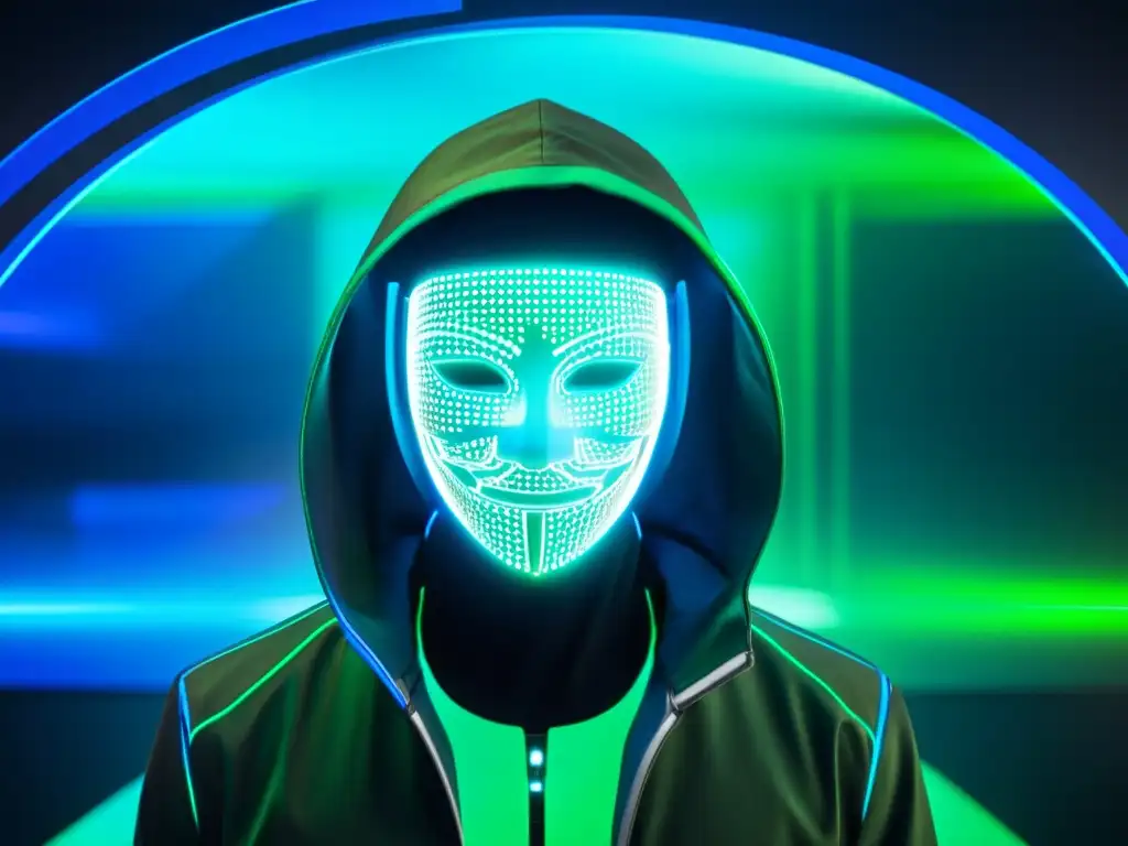 Una interfaz de ciberseguridad holográfica futurista con códigos encriptados y figuras enmascaradas