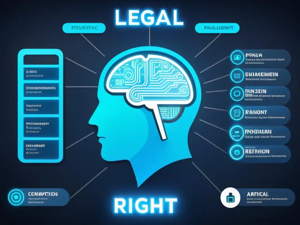 Interfaz digital futurista mostrando gestión derechos propiedad intelectual IA con gráficos detallados y esquema de colores moderno