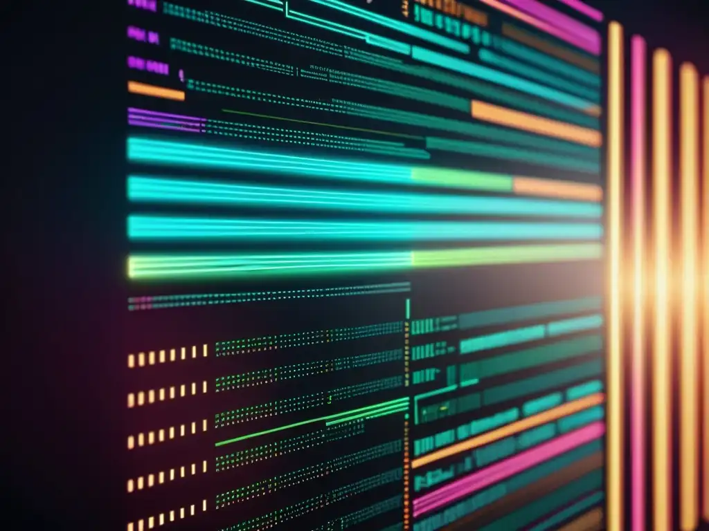 Una interfaz digital muestra líneas de código y algoritmos sofisticados, resaltados con colores vibrantes