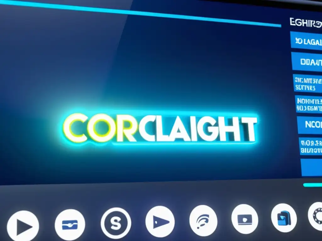 Interfaz digital de plataforma de streaming con arte digital y símbolos de copyright