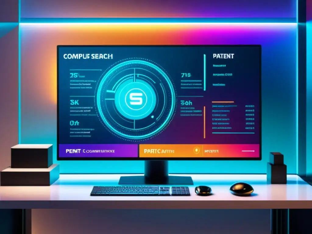 Una interfaz futurista muestra algoritmos de búsqueda de patentes de software en 8K, con colores vibrantes y gráficos de alta tecnología