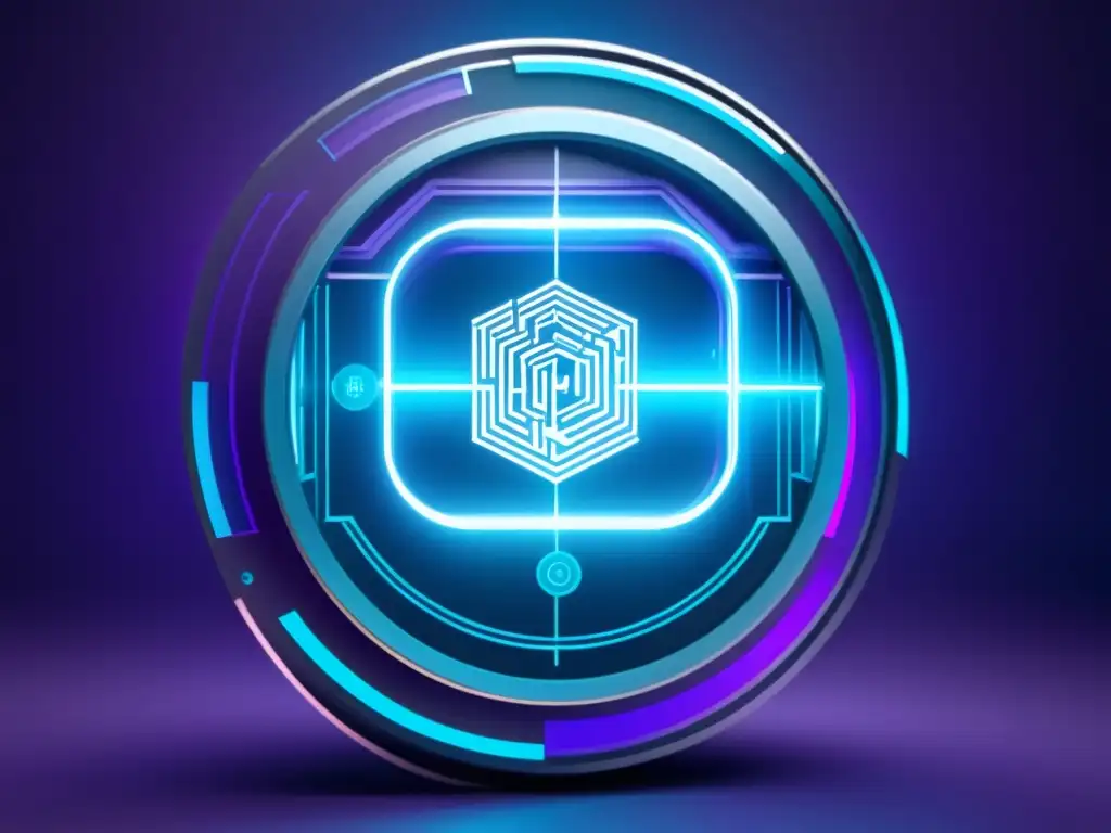 Interfaz futurista de blockchain con seguridad en derechos de propiedad intelectual, circuitos brillantes y datos en tonos azules y morados