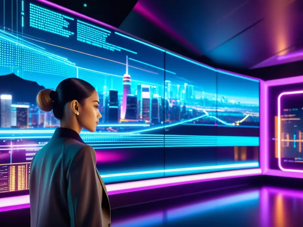 Interfaz futurista de ciberseguridad con pantallas transparentes, líneas de código y luces de neón
