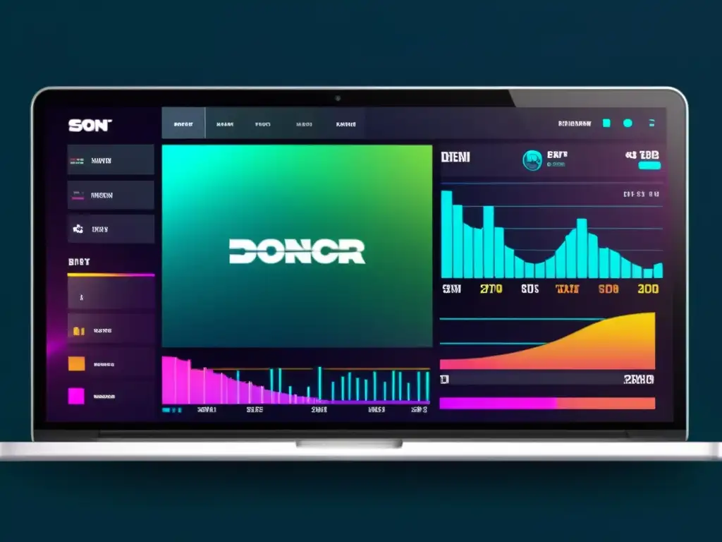 Plataforma de Distribución Musical Digital Futurista Interfaz futurista de distribución digital de música con visualizaciones de datos, controles elegantes y colores vibrantes