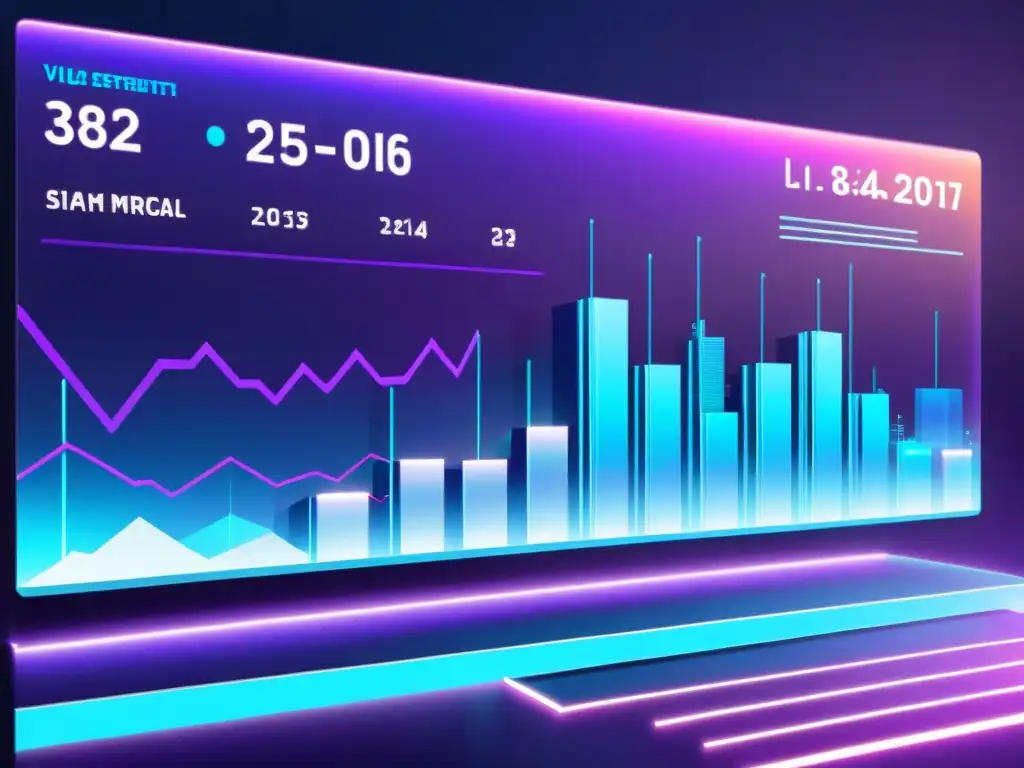 Interfaz AI futurista mostrando gráficos financieros y líneas de código, sobre el telón de fondo de la ciudad de noche