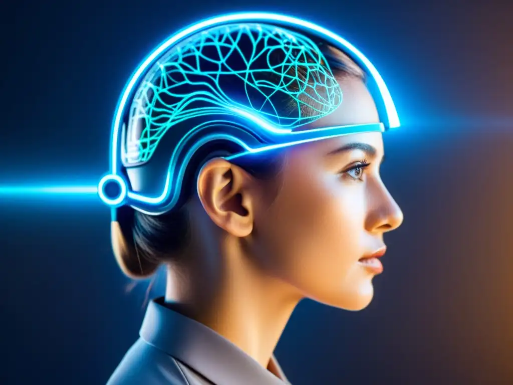 Interfaz futurista con un headset de interfaz cerebrocomputadora, mostrando conexiones neurales y propiedades intelectuales