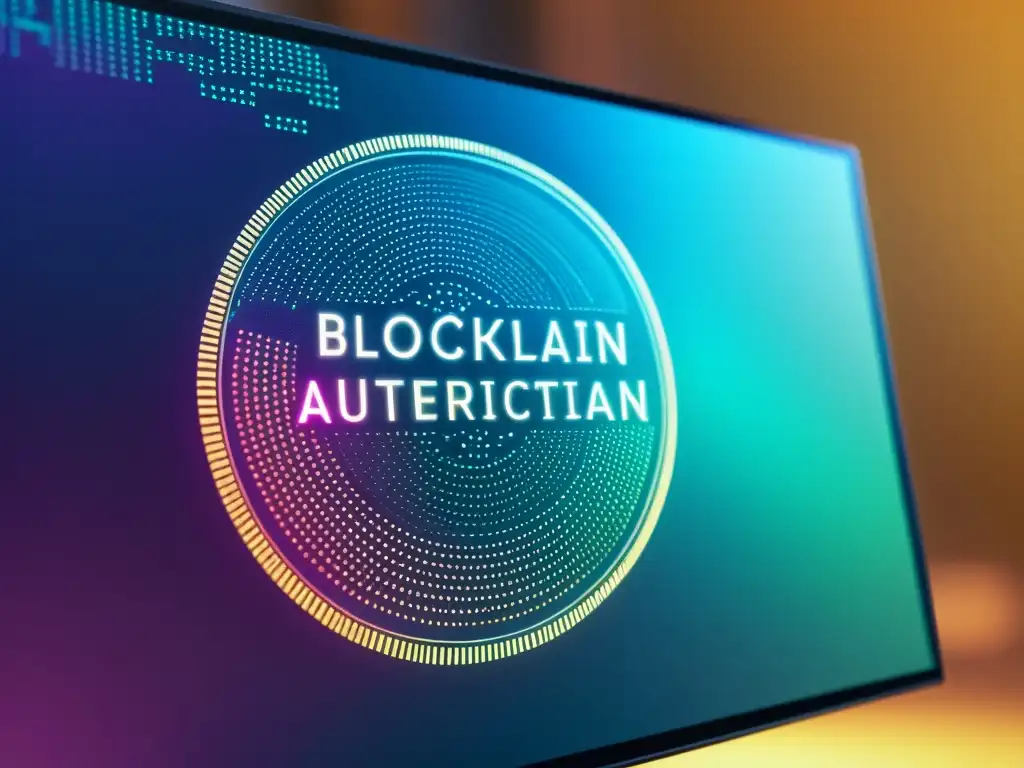 Interfaz futurista de autenticación de marcas con blockchain en pantalla digital de alta resolución, con patrones geométricos y símbolos vibrantes