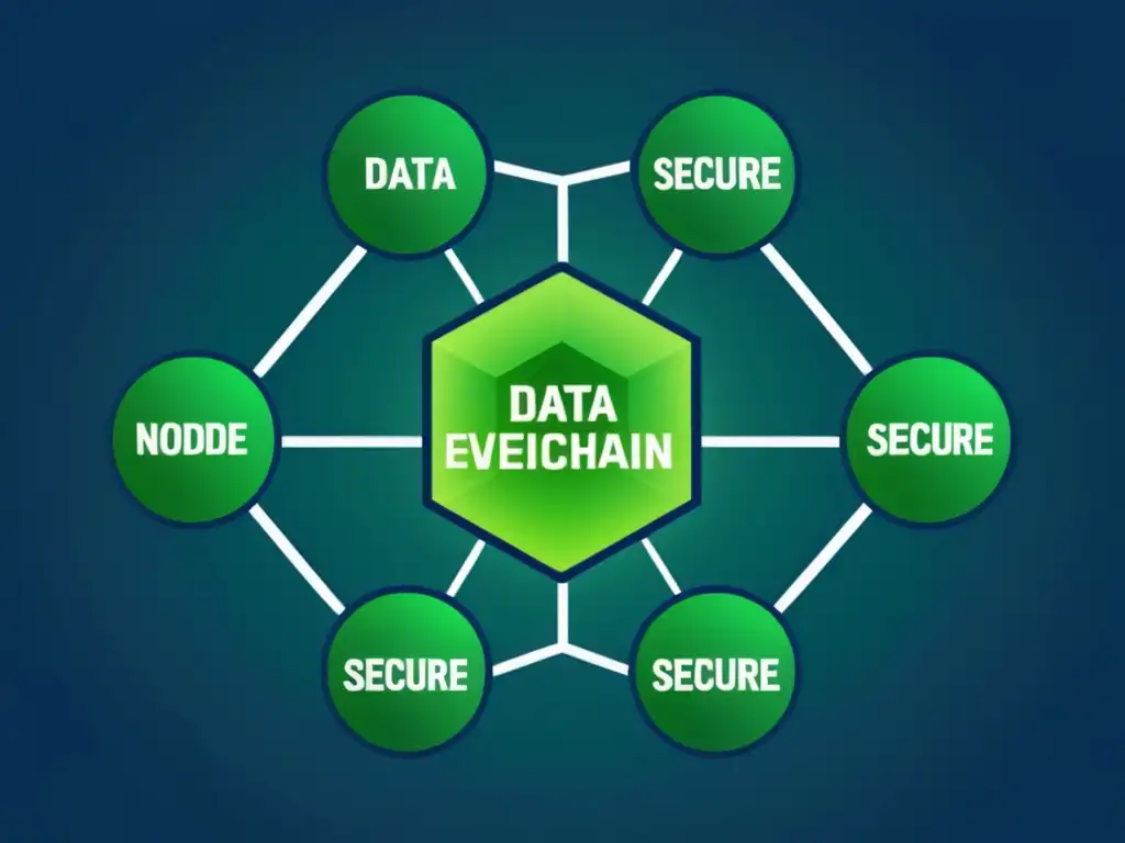 Una interfaz blockchain futurista y minimalista con nodos interconectados y datos, simbolizando verificación segura