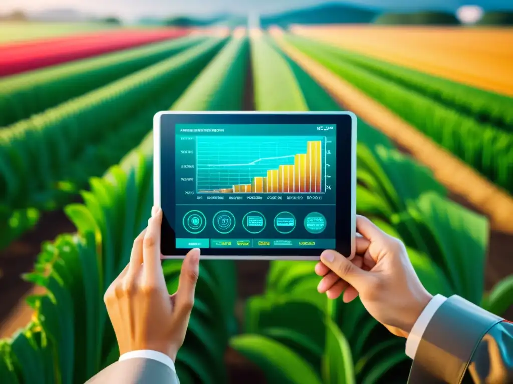 Interfaz futurista muestra optimización acuerdos transferencia tecnología patentes agrícolas en entorno hightech