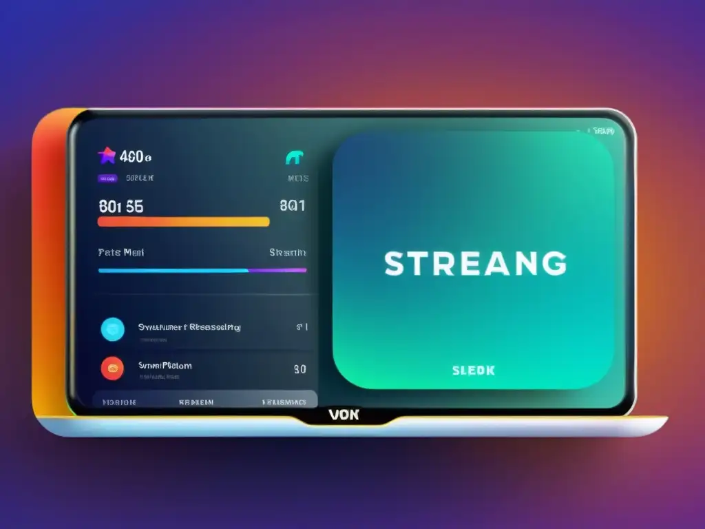 Interfaz futurista de plataforma de streaming con diseño minimalista, colores vibrantes y funcionalidad avanzada