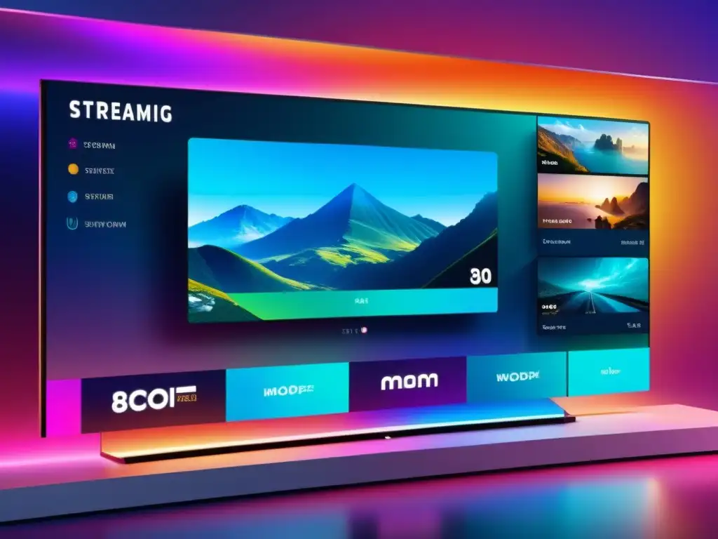 Interfaz futurista de plataforma de streaming digital con diseño moderno y colores dinámicos