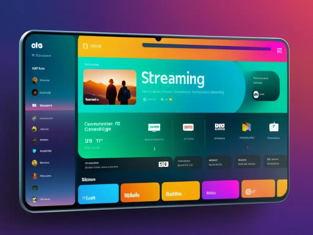 Interfaz futurista de plataforma de streaming con diseño minimalista y colores dinámicos