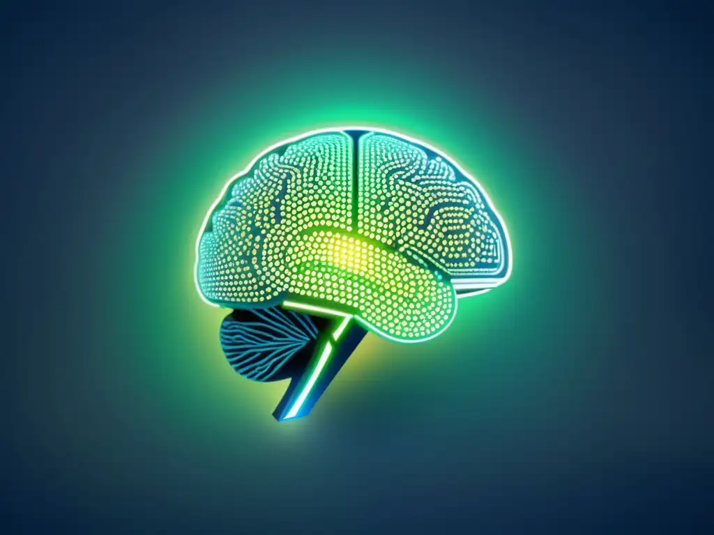 Interfaz futurista de software con código y visualizaciones de datos, holograma de cerebro humano, tonos azules y verdes iridiscentes