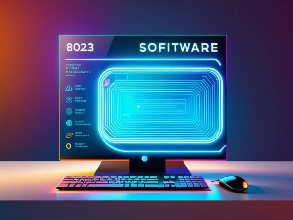 Interfaz futurista de software con líneas de código y símbolos de patente, representando el proceso de patentar software en 2023