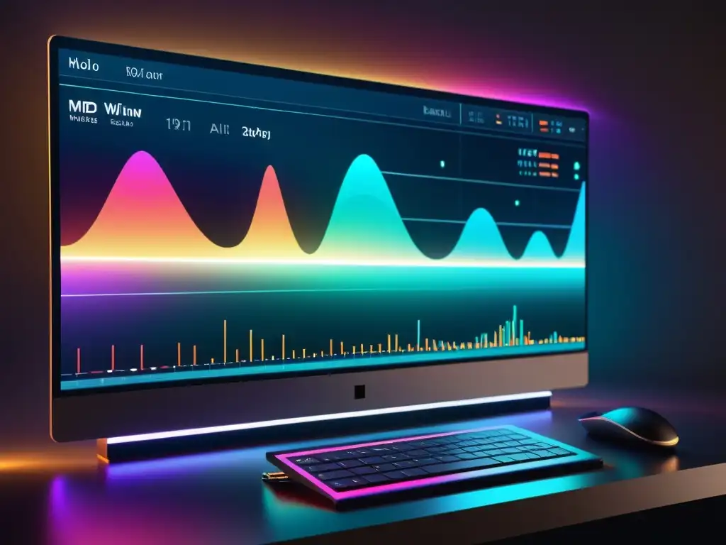 Interfaz futurista de software de música generada por IA en un estudio con brillo etéreo