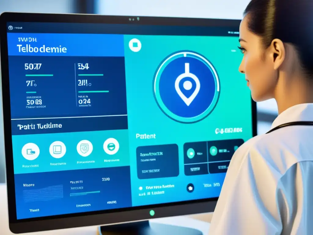 Interfaz futurista de telemedicina con herramientas de visualización médica avanzadas y protección legal en el software médico