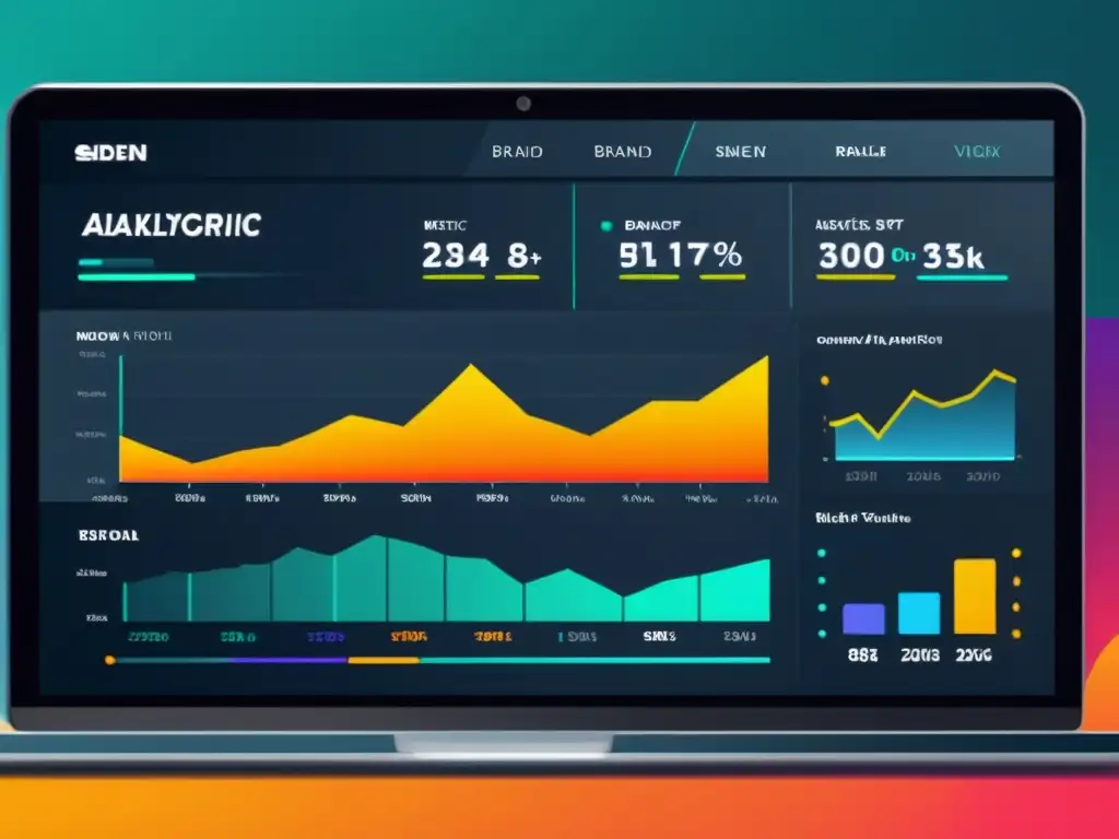 Interfaz futurista ultradetallada con herramientas de monitorización de marca en internet, gráficos dinámicos y análisis de sentimiento