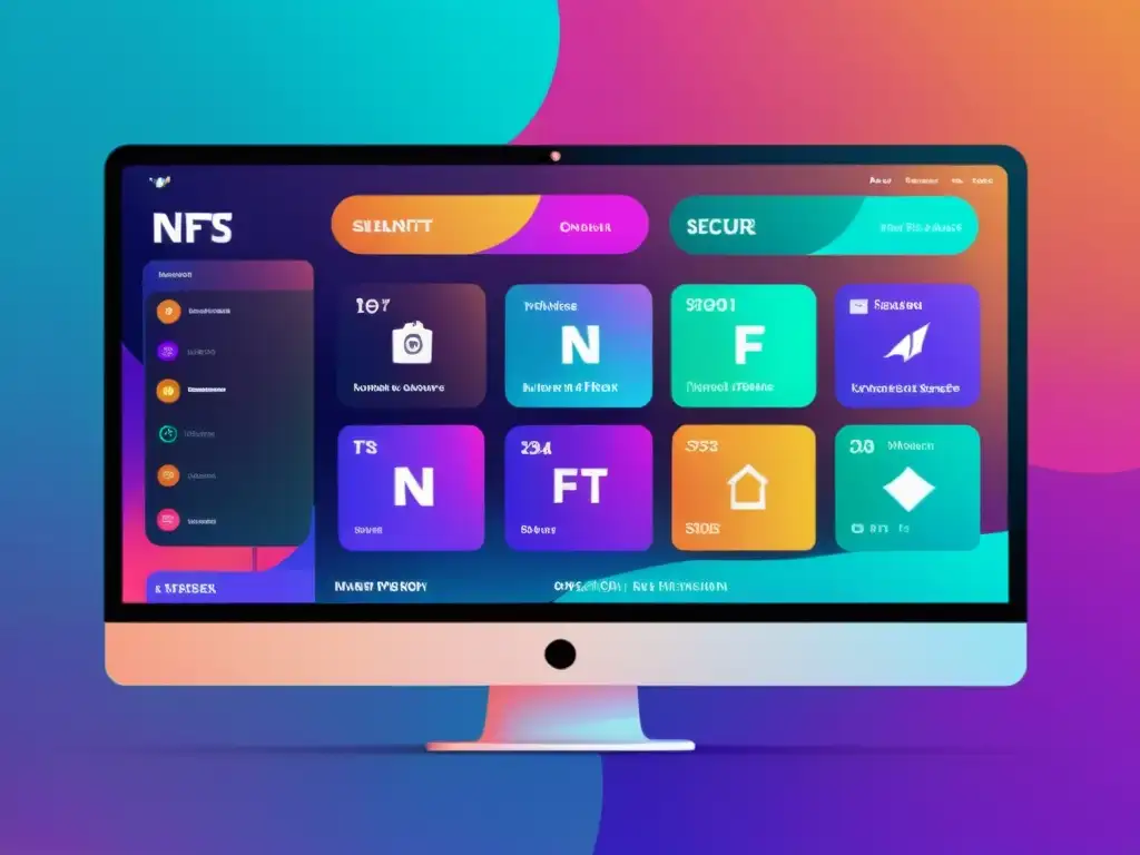 Interfaz de mercado de arte digital con NFTs, diseño futurista y vibrantes colores, capturando la esencia de las políticas de privacidad para NFTs